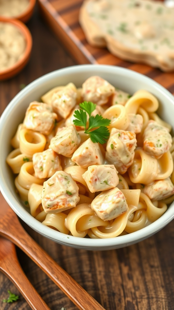 Creamy parmesan chicken pasta with diced chicken and parsley garnish in a rustic kitchen setting.